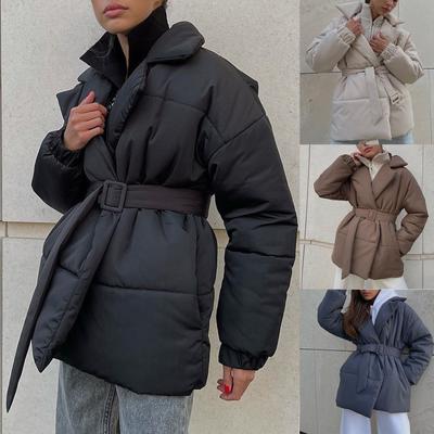 Manteau d'hiver en coton épais à taille fine, couleur unie, avec ceinture et revers