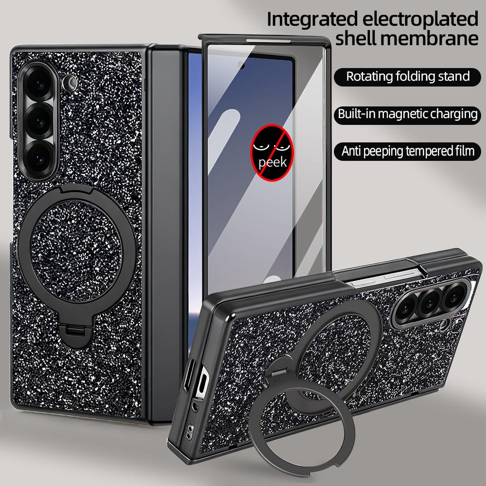 Luxury Girls Glitter Bling Faux Leather Plating Phone Case For Galaxy Z Fold 7/6 With Rotatable Holder, Anti-peeping Glass Film