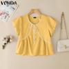 VONDA Summer Women Short Sleeve Bow Knot Lace Hem Casual Cute Tops Cropped Blouse