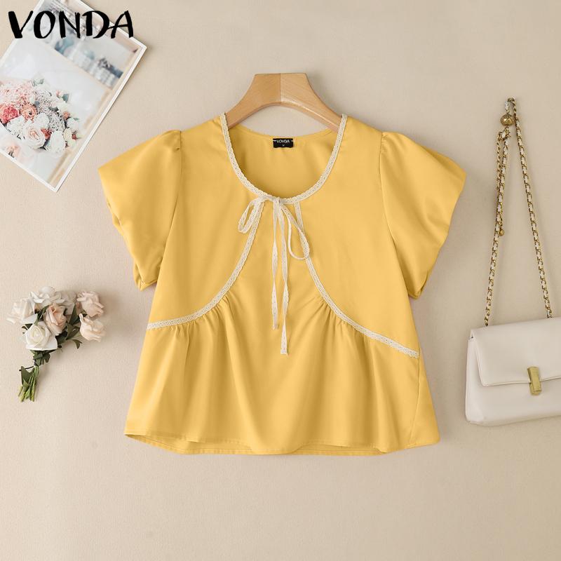 VONDA Summer Women Short Sleeve Bow Knot Lace Hem Casual Cute Tops Cropped Blouse