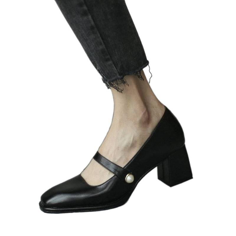 Coarse Heel Mary Jane Shoes Women's Retro 2025 New Summer Hepburn Style Medium High Heel Square Head Light Mouth Single Shoes Women's Sweet
