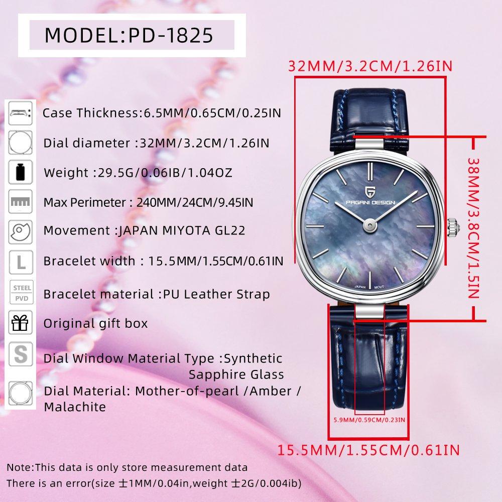PAGANI DESIGN PD-1825 Women Quartz Watch Miyota GL22 Purple Mother of Pearl Dial Sapphire Glass Navy Blue Leather Strap Ladies