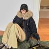 New plush cotton jacket with plush inside, retro big fur collar hooded warm short cotton coat.