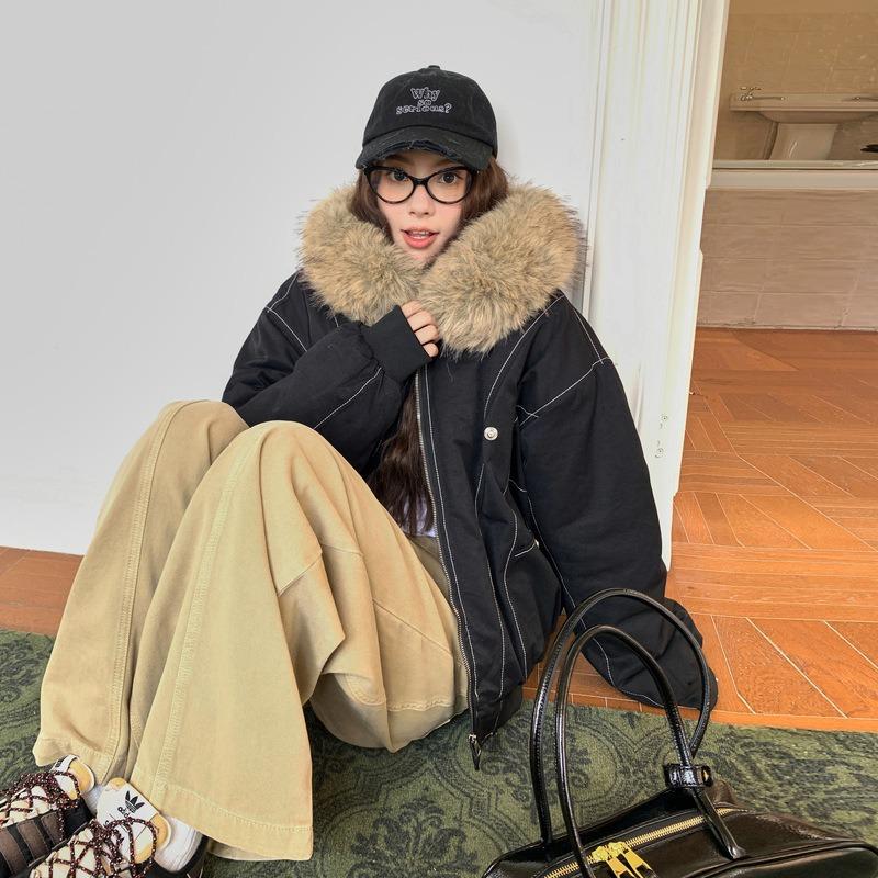 New plush cotton jacket with plush inside, retro big fur collar hooded warm short cotton coat.