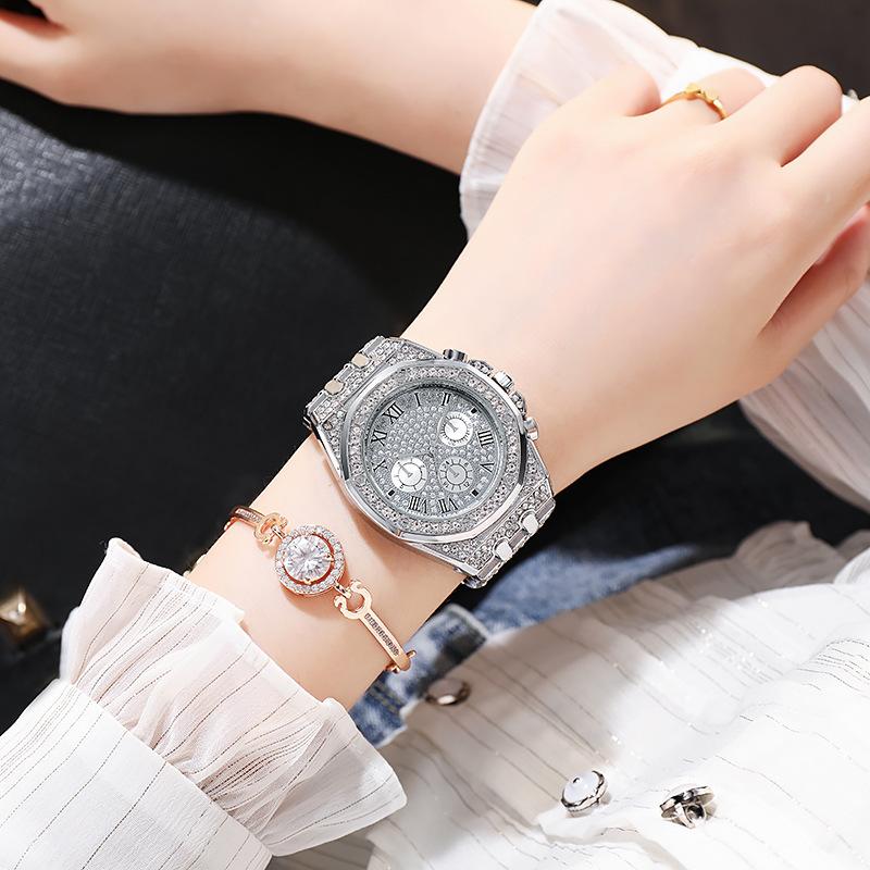 Trendy Baby'S Breath Steel Strap Diamond Encrusted Men'S Women'S Watch Full Diamond Three-Eye Roman Numeral Quartz Watch