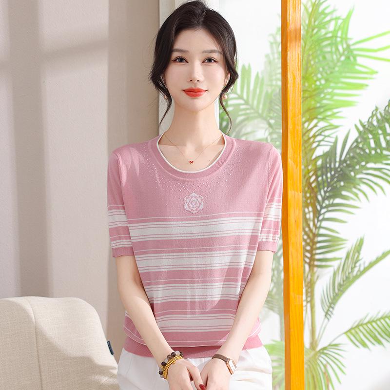 Summer Striped Ice Silk Round-Neck Top for Middle-Aged & Elderly Women - Stylish Short-Sleeved Mother's Day Sweater