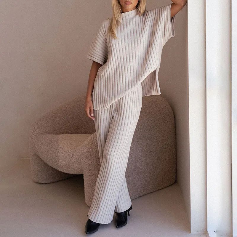

and American Autumn and Winter New Casual Shoulder Short sleeve Sunken Stripe Wool Suit Women clothes Knitted Top Trousers Two-piece Set Women Milky White XXL