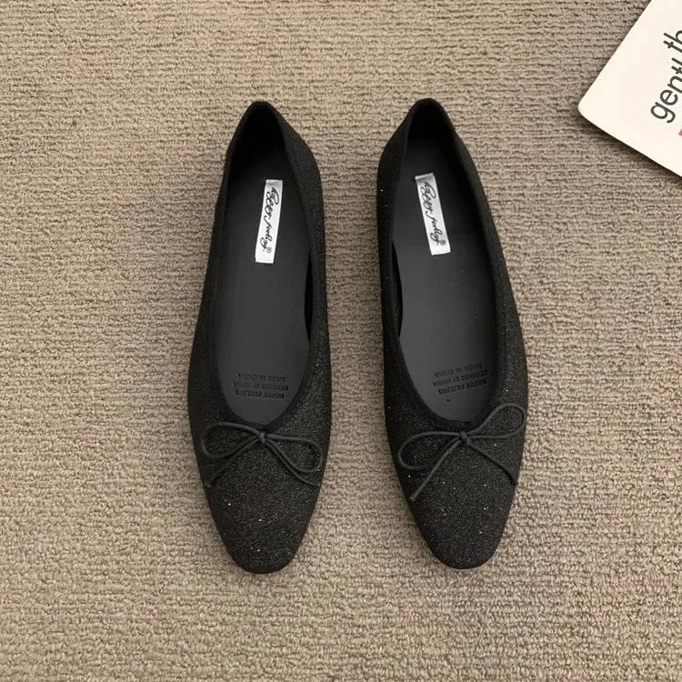 Elegantbow Französischer Stil Damen Ballerinas 2025 Neu Abendliche Feen Tweed Schuhe Gummisohle Winterschuhe für Damen