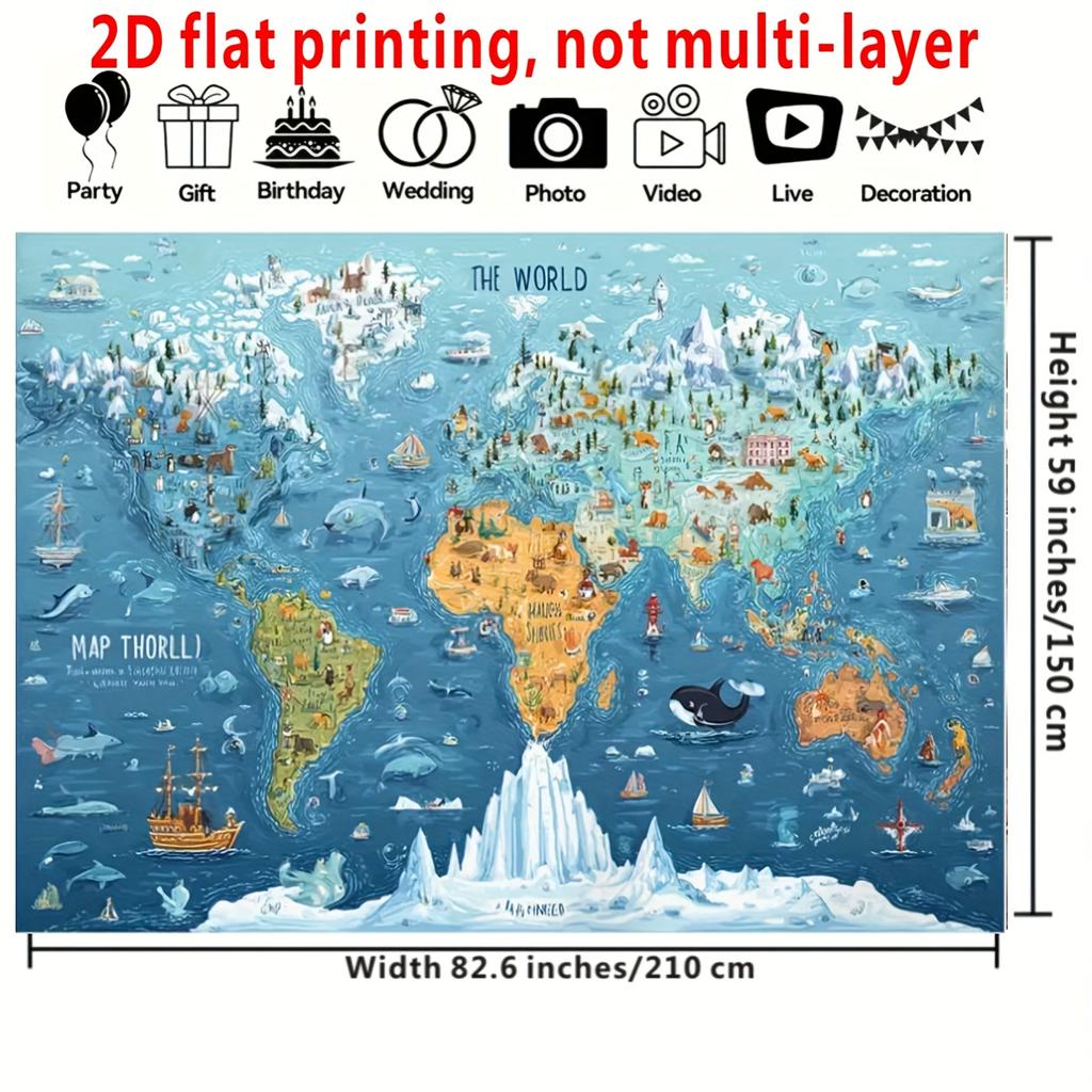 2D flat banner 1pc educational geographical world map background cloth for learning and decoration of classroom birthday