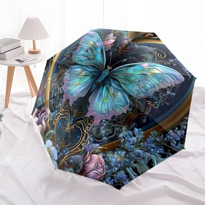 1pc Butterfly Heart Floral Artwork Umbrella with Plastic Handle,Suitable for All Seasons Home Travel Outdoor UmbrellaDD164