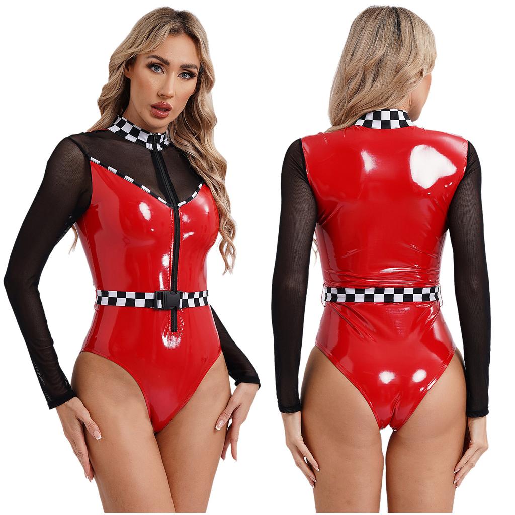 Dame Sjakkbrett Racer Bil Halloween Cosplay Speed Racer Driver Bodysuit Sjakkbrett Lær Trikot Jumpsuit Sexy Uniform