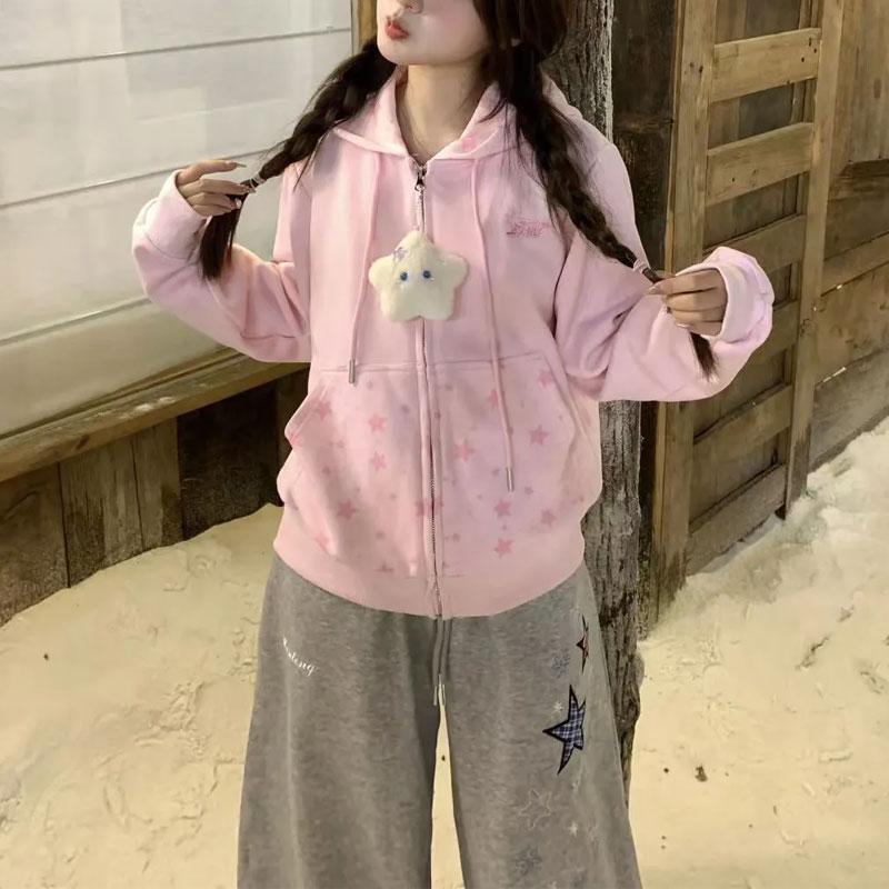 Fashionable Star Hooded Casual Sweatshirts Autumn Winter Fleece Printed Women's Clothing Zipper Loose Pockets
