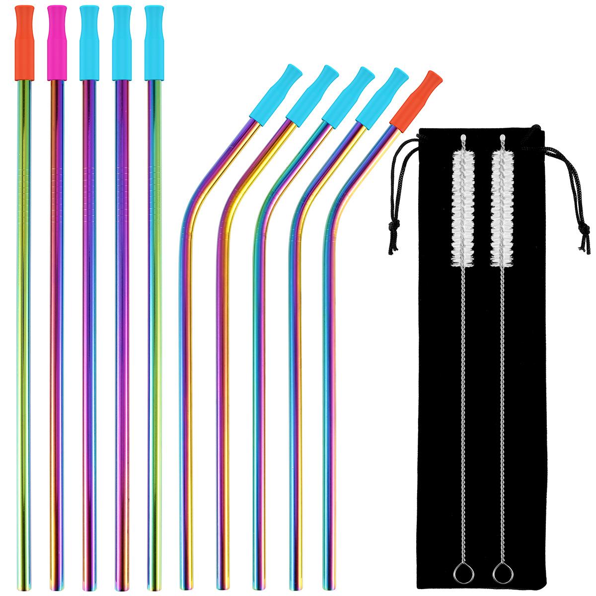 

Stainless Steel Straws Reusable Drinking Straws Colorful Curved Straight Straws with Cleaning Brush Storage Bag and 10
