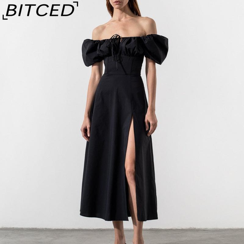 BITCED Spring/Summer Long Dress Women's Commuter Puff Sleeve Tie-Waist Slit Dress
