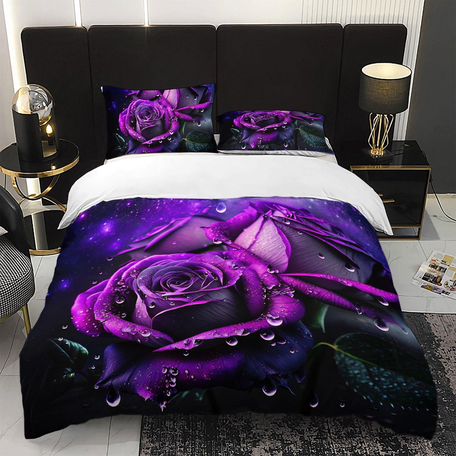 3pcs Luxury Purple Rose Bedding Duvet Cover Set Romantic Rose Bedding Quilt Set Floral Themed Bed Quilt Set Sparkling Dewdrop Duvet Cover Set&EU Single(135x200cm)