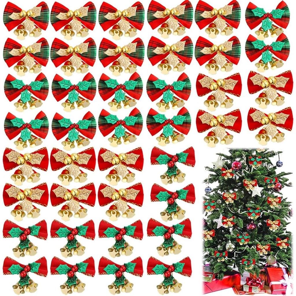 Christmas Bow with Bells 10-Piece Set Festive Holiday Christmas Tree Wreath Decor Gift Ornament Christmas Party Home Decor