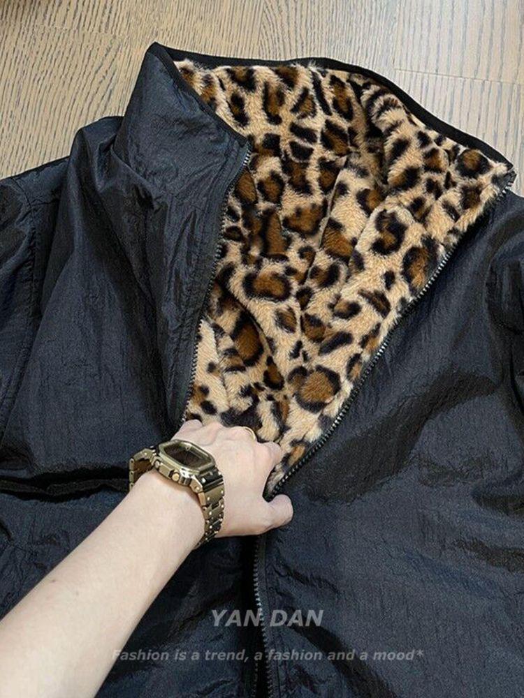 Men's Trendy Vintage Leopard Print Reversible Cotton Jacket with Thickened Anti-Rabbit Fur - American Retro Winter Coat