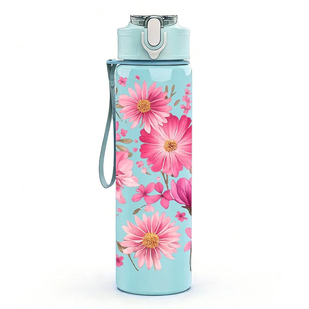 1PC Cluster Of Pink Wild Flowers Print 750ml Color Plastic Sports Water Bottle Leakproof Flip Straw Lid Suitable for Sports Office Home Use