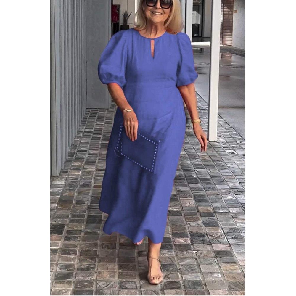 Women s Solid Color Casual Round Neck Puff Sleeve Loose Plus Size Long Dress Clothes Sale S синий