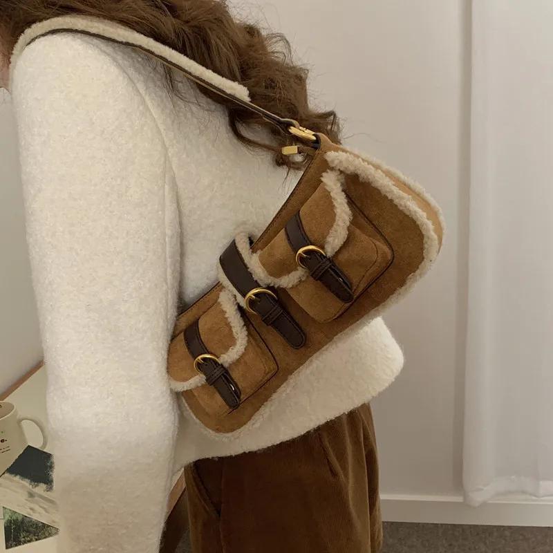 Women's lamb fur texture shoulder bag soft leather sac hair bags large capacity new fashion