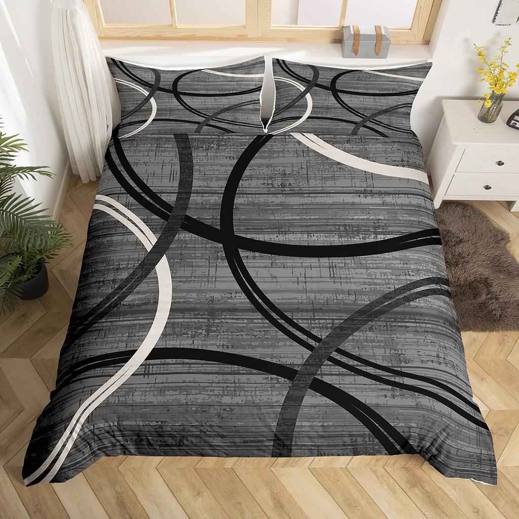 Rött Grått Vitt Randigt King Påslakan Gradient Geometriskt Sängklädesset Modernt Randigt Konst Täcköver Polyester Quiltöverdrag