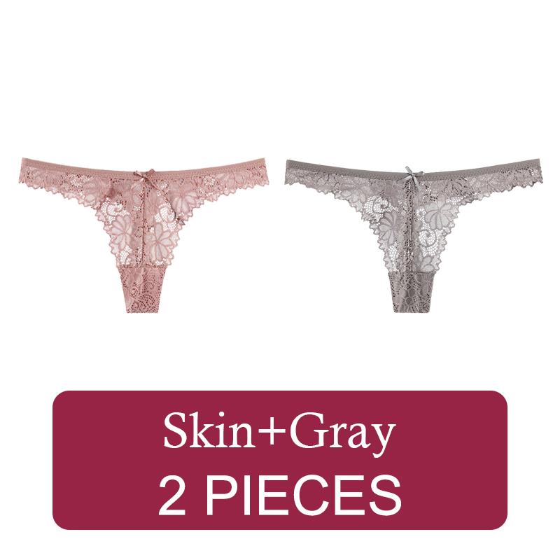 2 Pcs Sexy Lace Thong Low Waist Lace Transparent Panties Women Hollow Out Breathable G String Briefs Bow Underwear Lingerie
