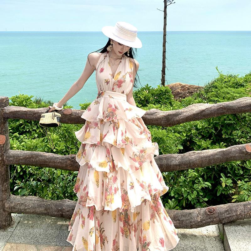 Chiffon Printed Lotus Leaf Edge Pendulum Dress Long Backless Super Fairy Vacation Dress Real Shot