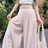 Damen Elastische Hohe Taille Blumenstickerei Texturiert Weiter Bein Bodenlang Lässige Palazzo-Hose