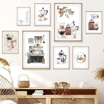 Abstract Watercolor Coffee Maker Cups Beans Wall Art Canvas Painting Poster And Prints Wall Pictures For Cafe Living Room Decor