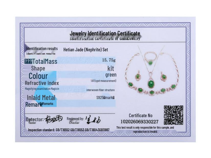 Bridal 4-Piece Set: Rose Gold Plated 925 Silver Earrings, Ring, Necklace with Jasper and Hetian Jade