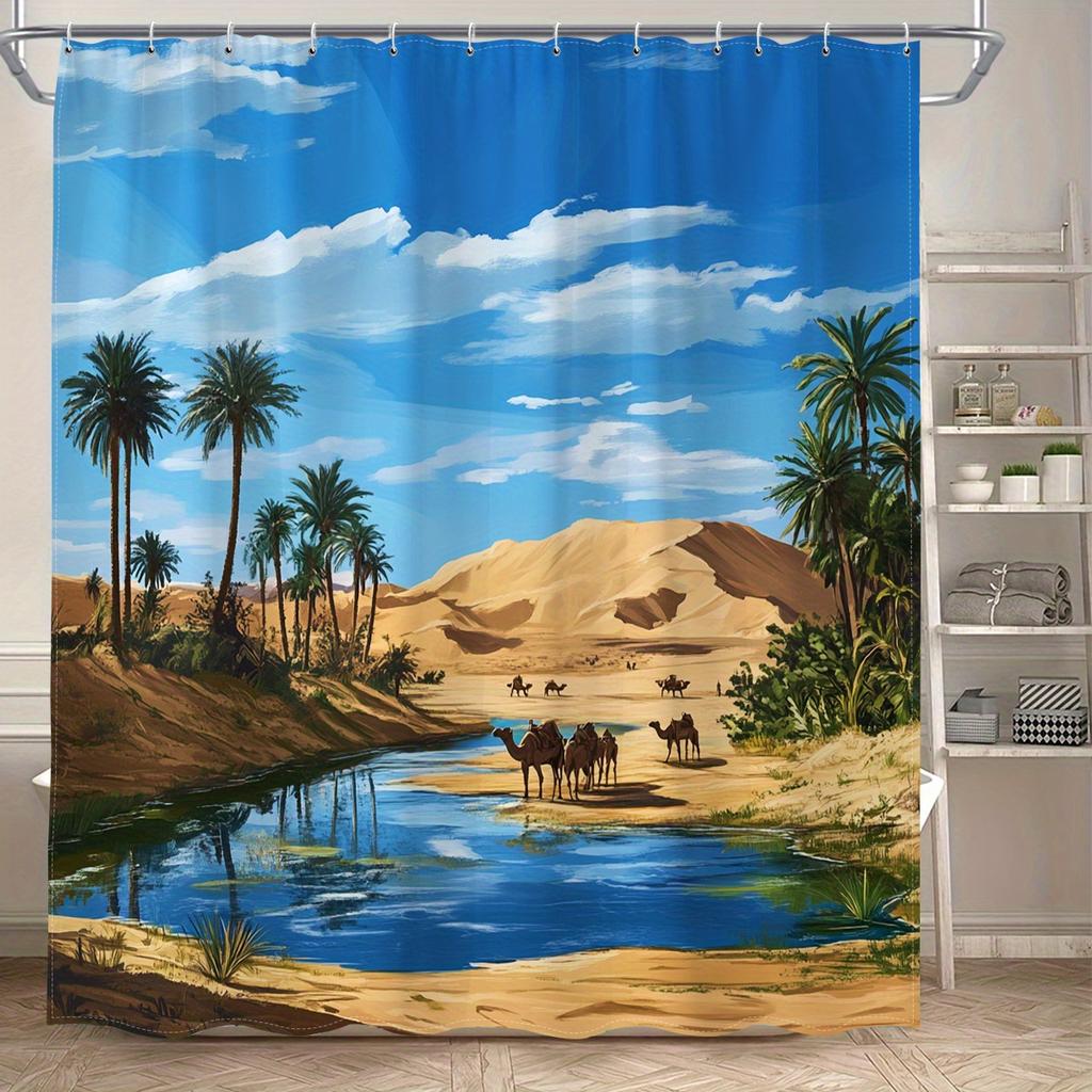 Open 1Pcs Desert Oasis Theme Digital Printed Shower Curtain, Polyester Fabric Shower Curtain, Bathroom Accessories, Home Decor
