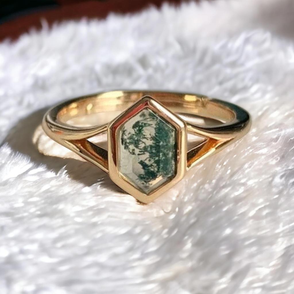Natural Moss Agate Engagement Ring 14k Yellow Gold Plated Silver Hexagon Bezel Set Green Gemstone Ring