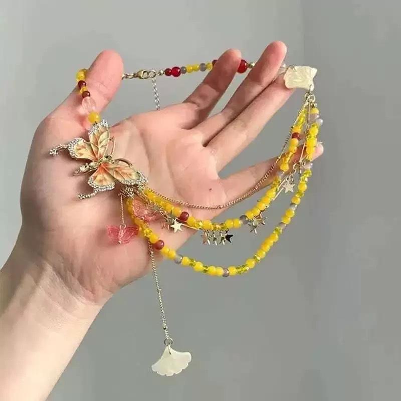Diamond Dripping Oil Butterfly Beaded Pendant Necklace Fashionable Small Fresh Versatile Collarbone Chain Sweet Temperament Niche Jewelry