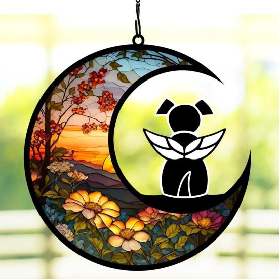 Pet Memorial Suncatcher Angel Cat Dog Sun Catcher Panel Stained Glass Window Hanging Ornaments Pet Loss Sympathy Gift for Pet Lovers