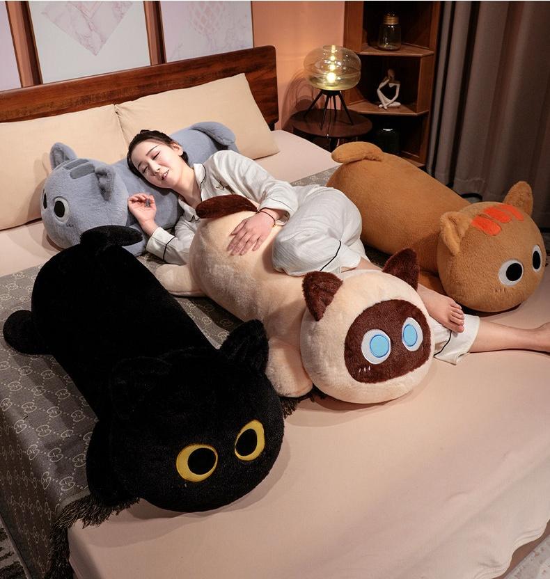Big Long Lying Black Cat Siamese Kitten Orange Grey Plushie For Boy Girl Bed Cushion Throw Pillow Birthday Gift For His