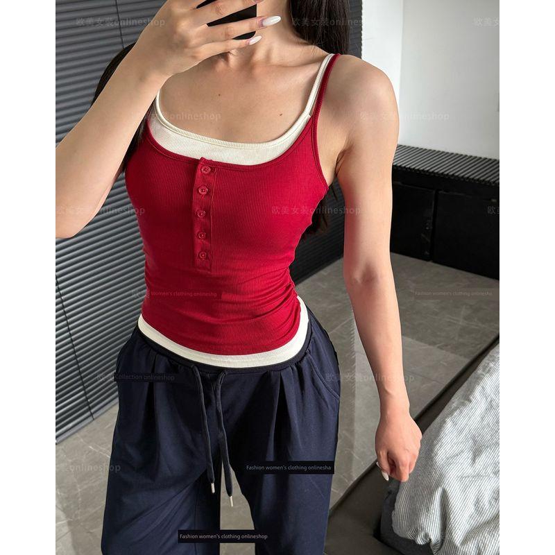

Fixed Chest Pad-Fake Two-Piece Exercise Vest Color Matching Fitness Sling Iron Sleeveless Top Outer Wear Yoga Clothes Women Fragrant Red M