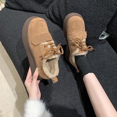 Fashion Elegant with Low Heels Suede Laces Brown Round Toe Lace-up Ladies Snow Boots Female Shoes Boot Comfortable Goth Gyaru Plush Pu