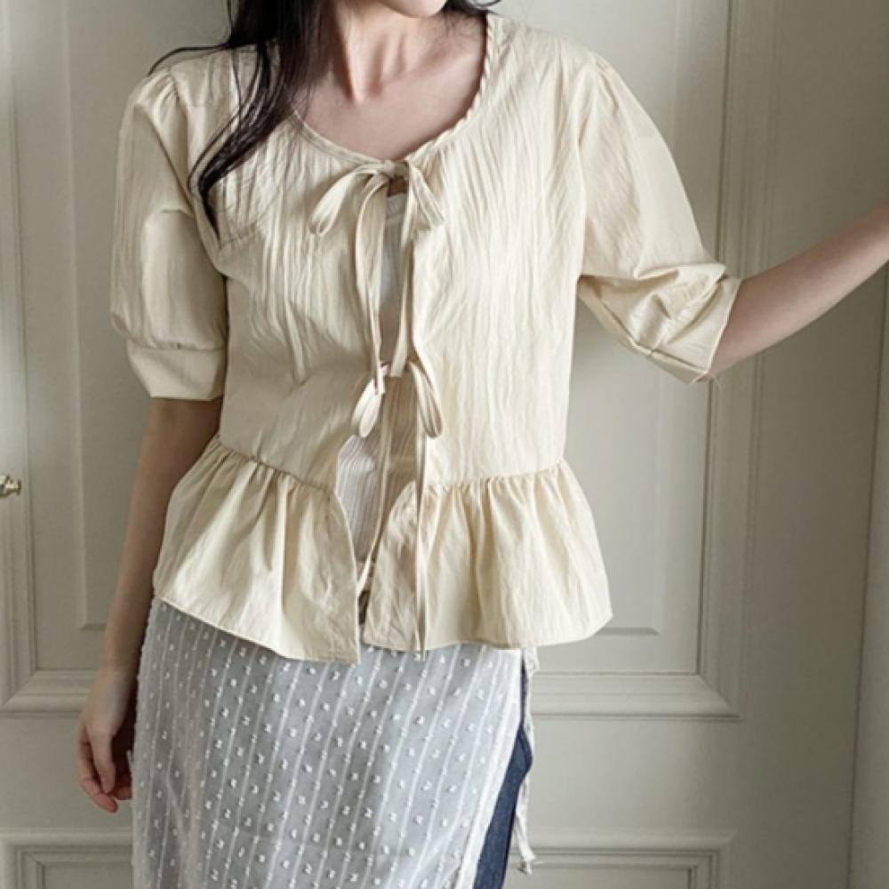 New Arrivals Open Run Ballet Core Ribbon Blouse Round Neck Front Slit Frill Can