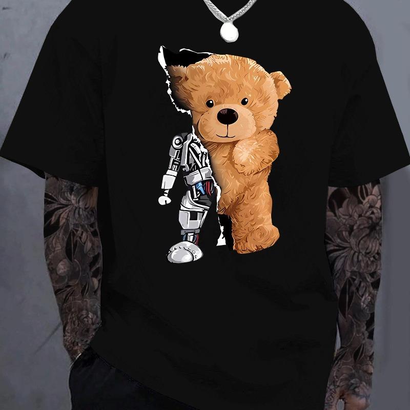Men's 100% Pure Cotton Summer Loose Oversized Casual Mechanical Bear Pattern Printed Sports Round Neck Short Sleeved T-shirt Top