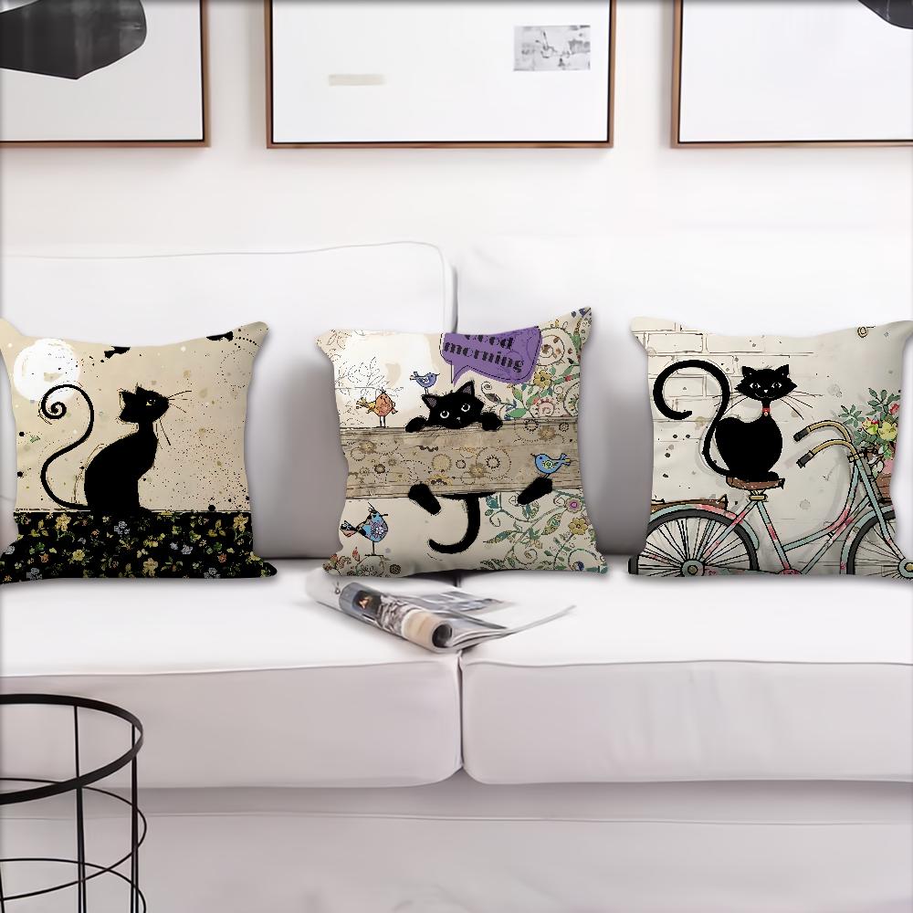 Funda de Almohada vintage francesa suave Cómoda gato negro caricatura para Sofá Sala de estar gato Habitación Hogar oficina Decoración Retro Cubierta Protectora