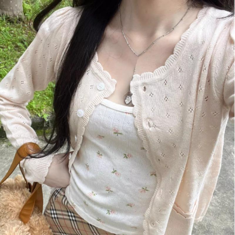 Pockets Women Cardigan Button Sweet Slim Hollow Out Spring Tender Temper Korean Style Long Sleeve Fashion Y2k Aesthetic Fairy