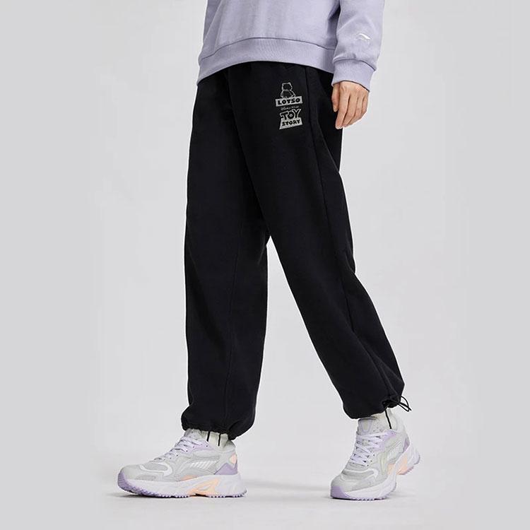 Li Ning X Disney Collaboration Pixar Strawberry Bear Series Solid Color Fleece Lined Warm Loose Knit Sports Pants Women Bottoms Black AKLR742-2