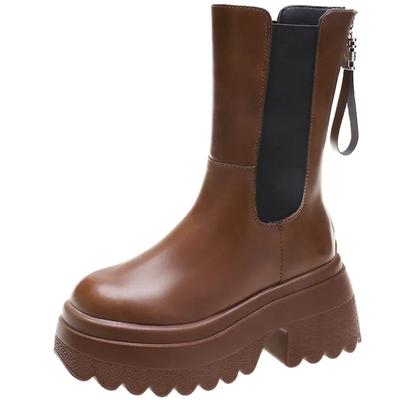 Fashion Mid Calf Motorcycle Boots for Women Autumn Winter Leather Short Boots 8.5CM High Platform Heels Ladies Chunky Shoes Botas Mujer
