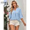 DX-Spring/Summer New Women's Fashion Solid Loose V-neck 3/4 Sleeve Top