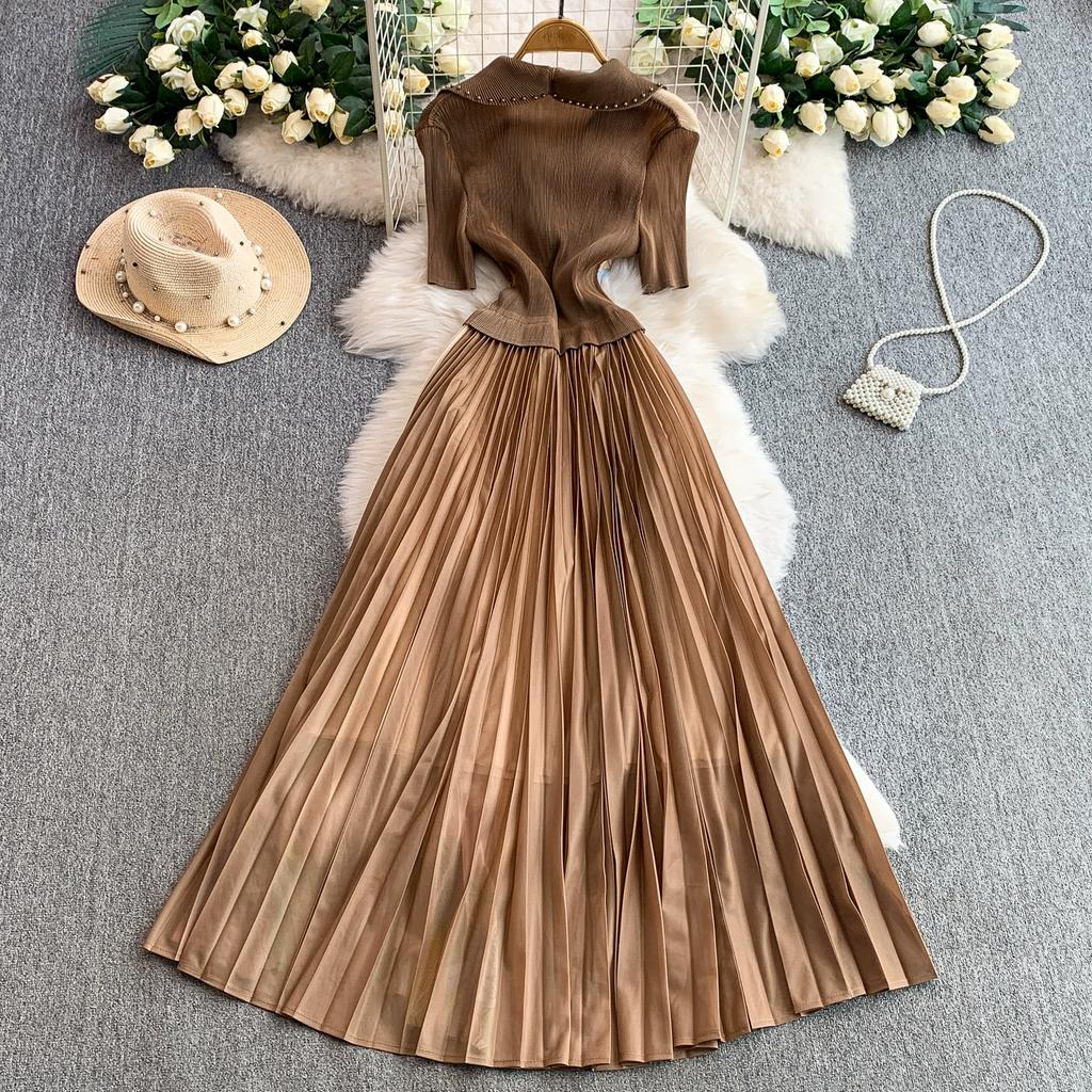 Summer Women Casual Plus Size Miyake Folds Print Beading Lace-up Oversize Loose Long Maxi Pleated Dresses