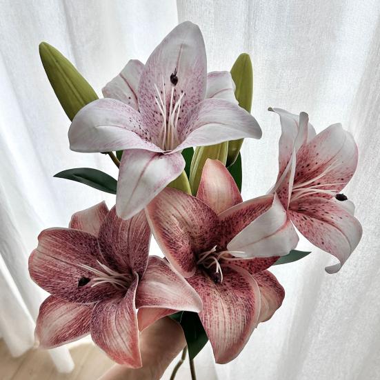 20inch Artificial Lily Flower Fake Real Touch Lily with 2 Heads Blooms 2 Buds for Home Office Decor Wedding Party Spring Table