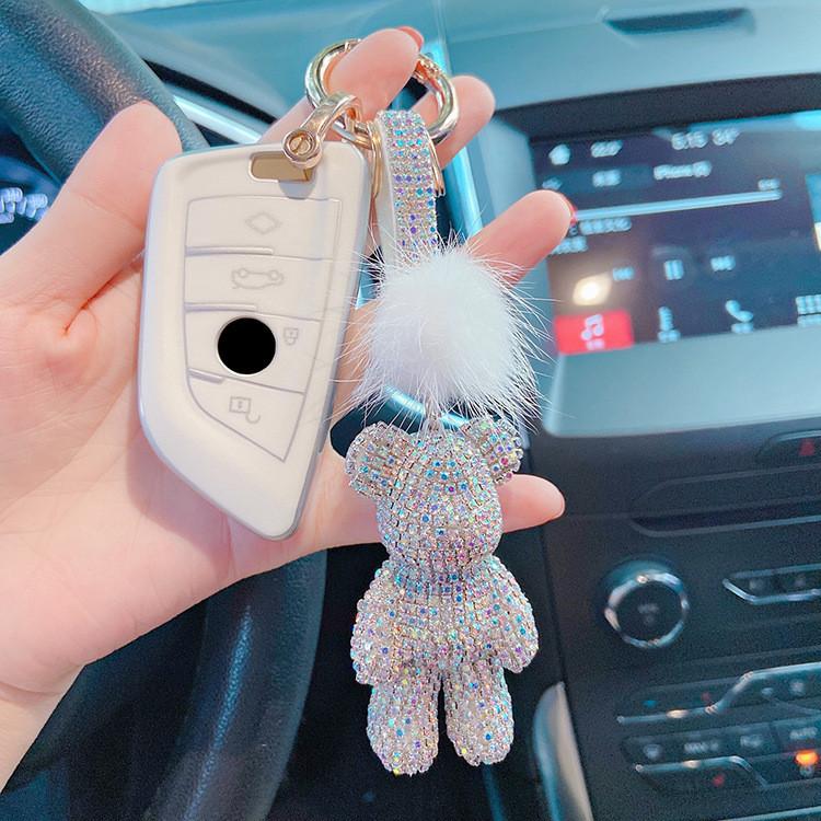 Bear Car Cute Keychain With Fur And Diamond Fashionable Key Ring Bag Pendant