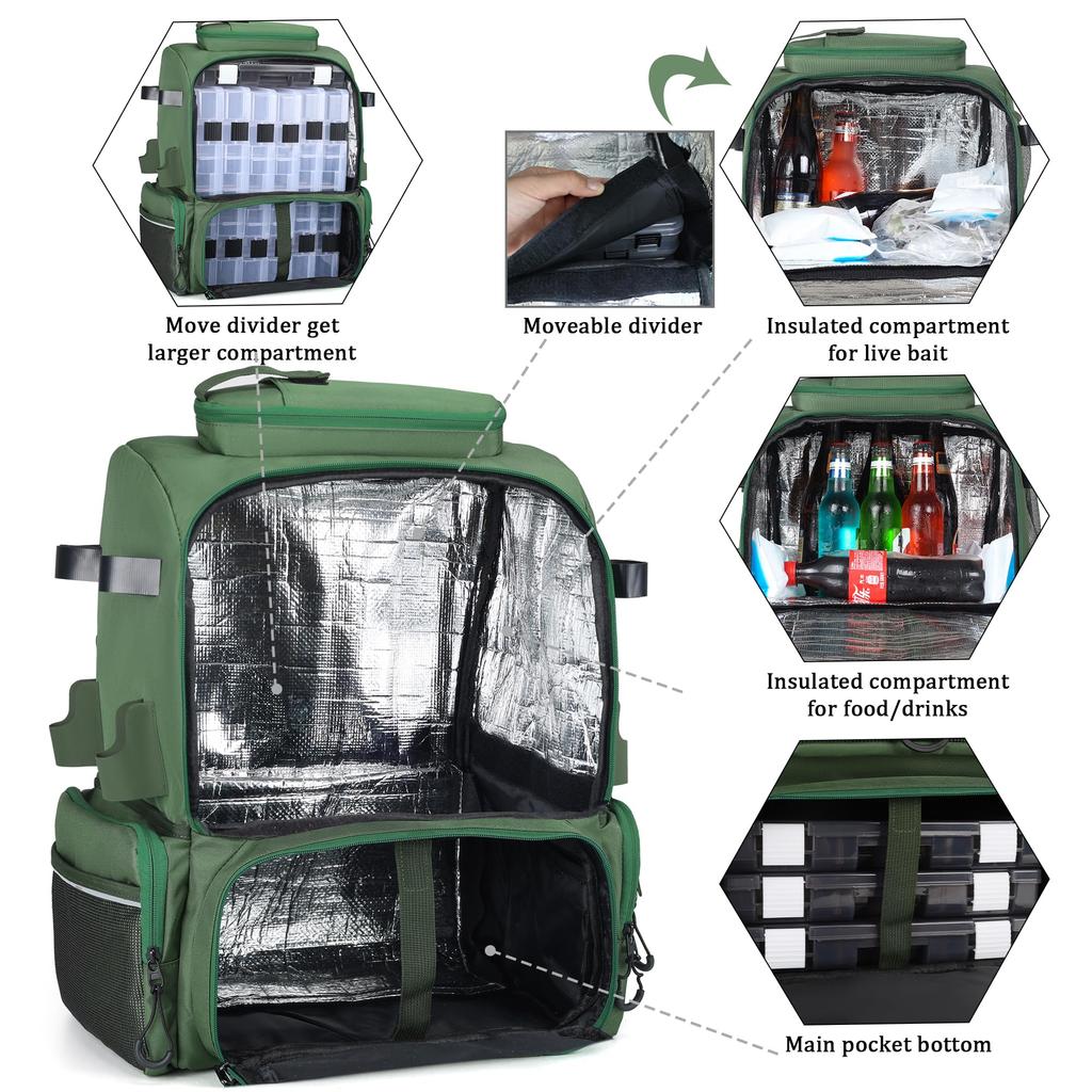 WANOON Fishing Backpack with Rod Waterproof Fishing Tackle Backpack with Hidden Shoulder Strap Holders,