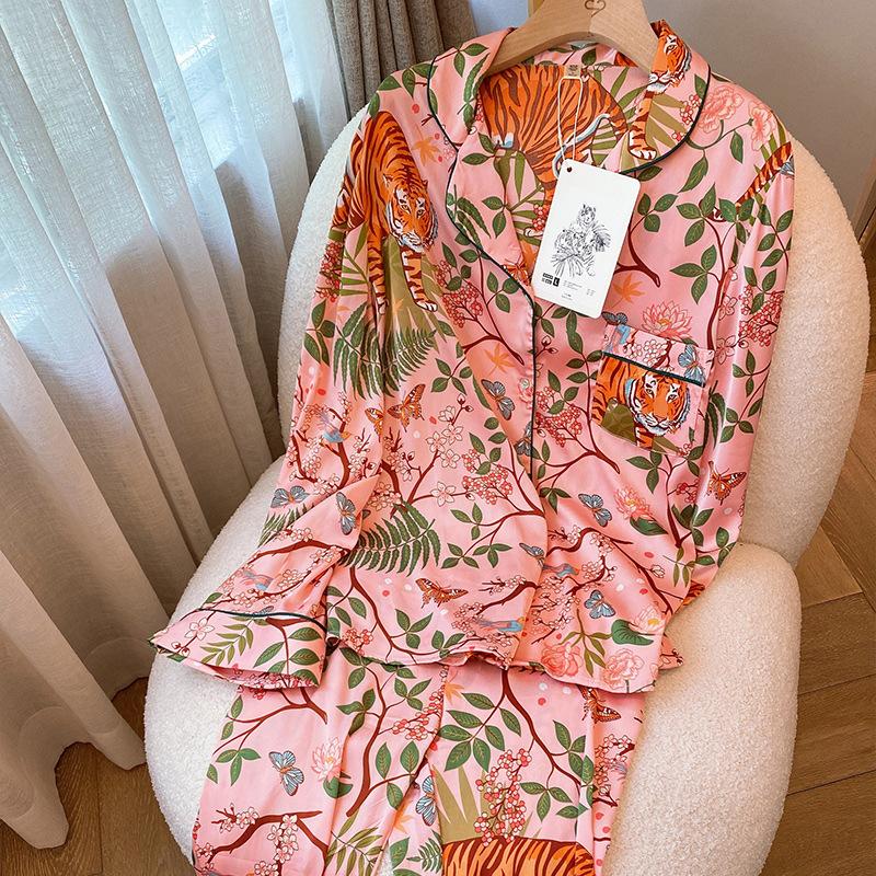 

Новая пижама из искусственного шелка Jungle Tiger для женщин, розовые брюки с длинными рукавами, которые женщины могут носить на улице, комплект из двух предметов XL