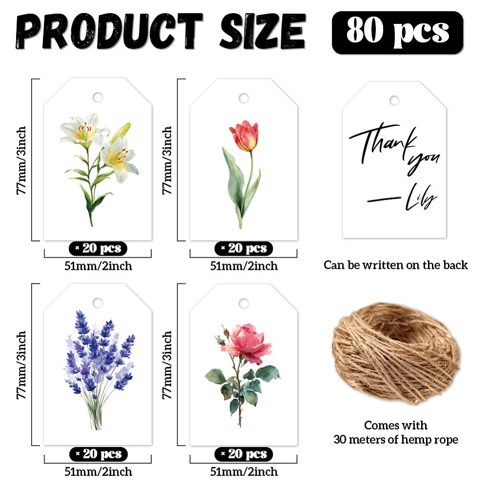 1set 80pcs 4 Styles Printed Paper Thank You Gift Tags Rectangle Flower 7.7x5.1cm Hole: 5mm 20pcs/style